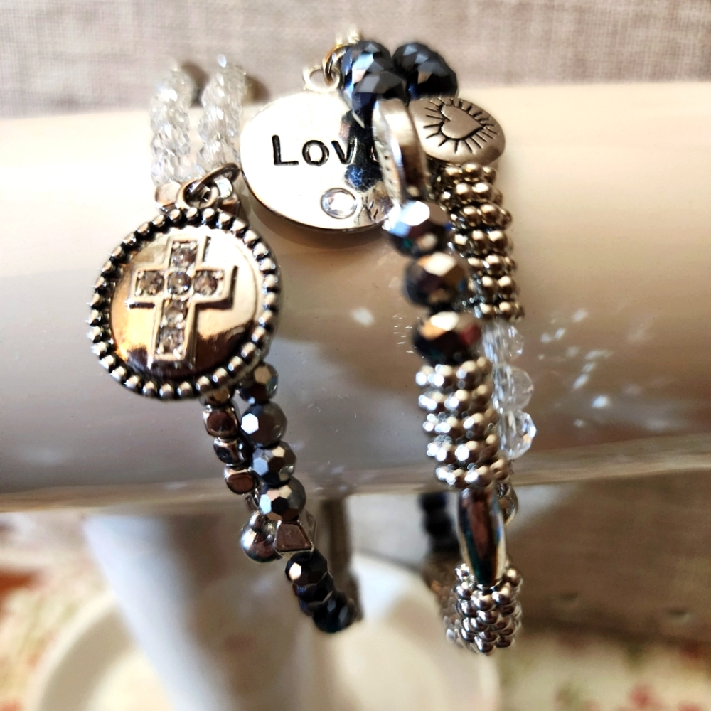 Silver & Black Love/Faith Beaded Bracelet Set